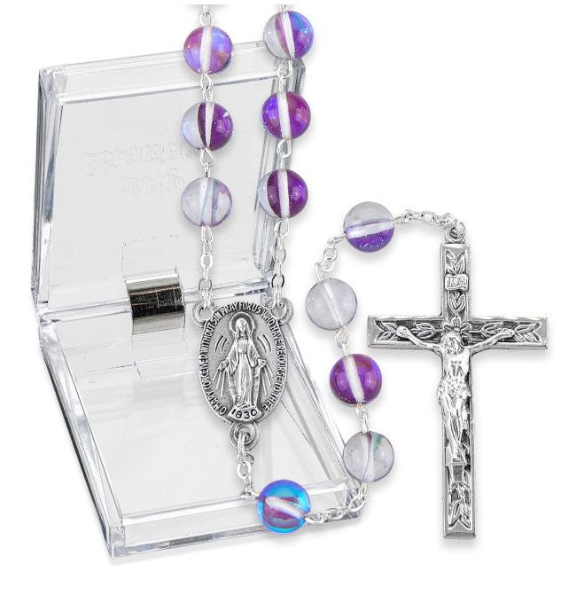 8mm Round Amethyst Cat's Eye Bead Rosary, Boxed