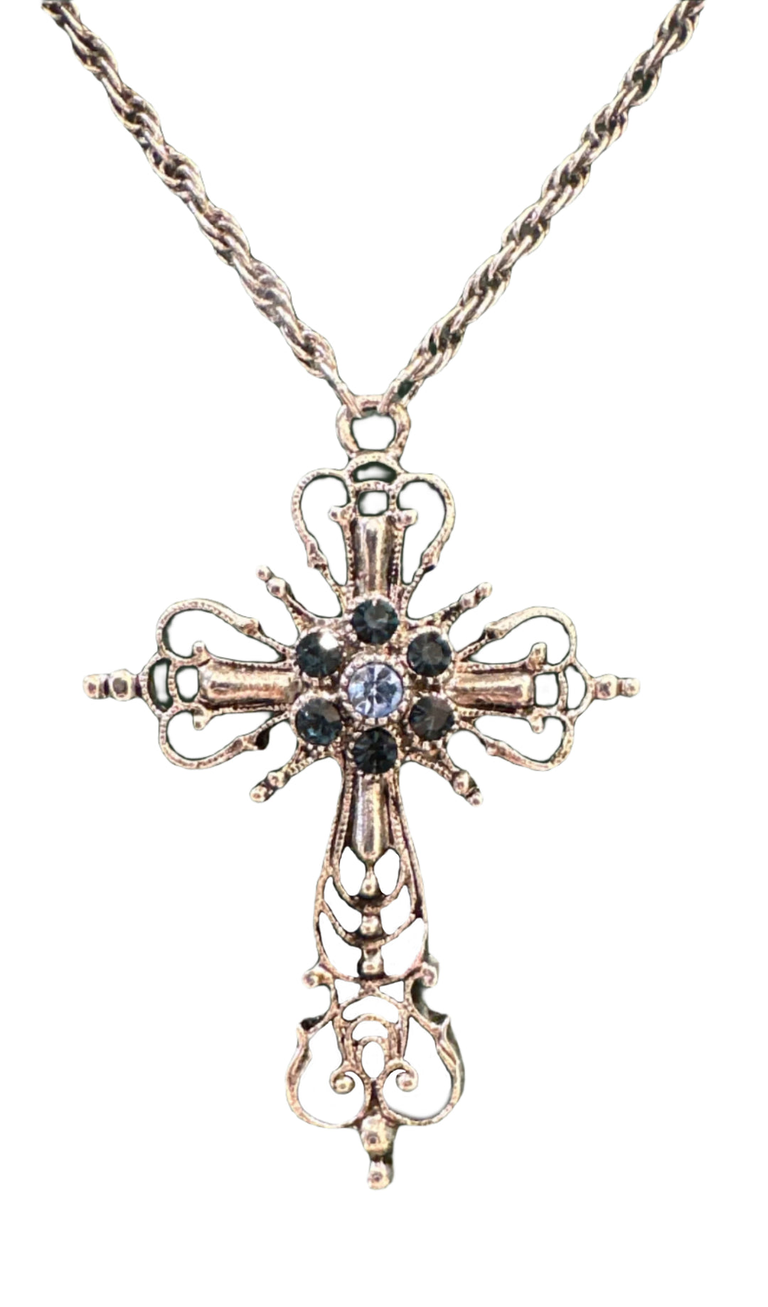 Blue Crystal Center Silver Tone Cross Necklace