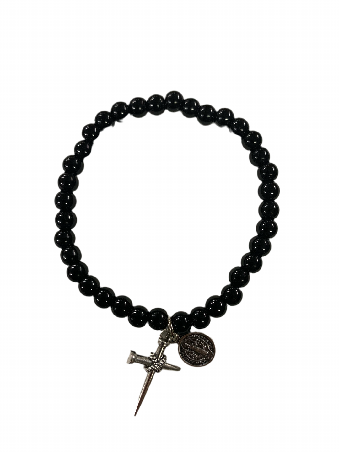 6MM Onyx Bracelet with St. Benedict Medal & Nail Cross