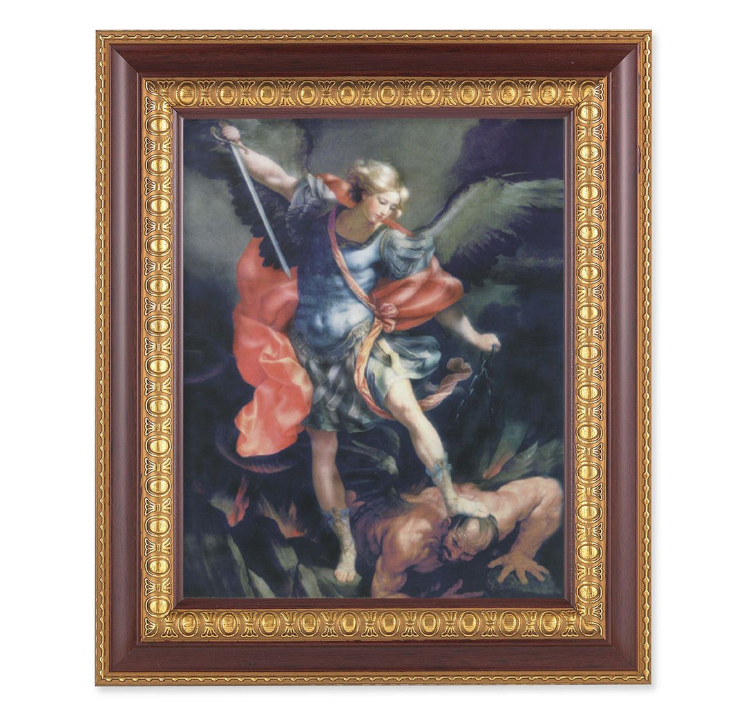 Cherry Frame with Gold Trim with Saint Michael Print