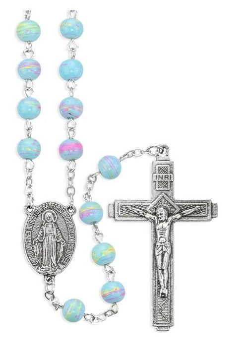6mm Aqua Glass Beads with Pastel Multi Colored Swirls Rosary
