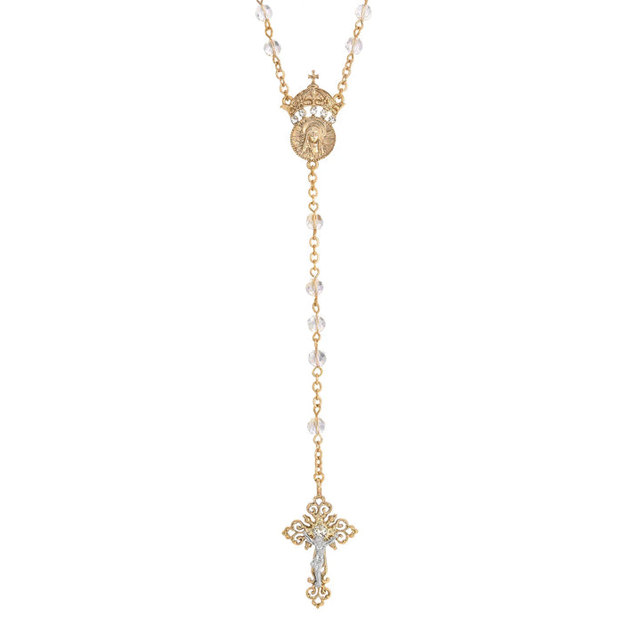 Crystal Two Rings and Crucifix Medallion Wedding Rosary