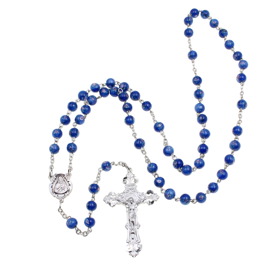 Rose Inlay Blue Glass Bead Rosary