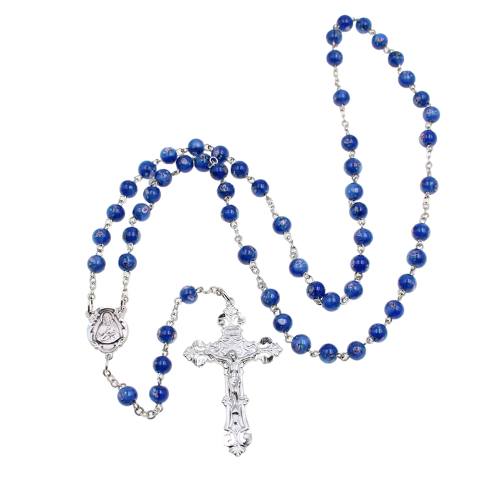 Rose Inlay Blue Glass Bead Rosary