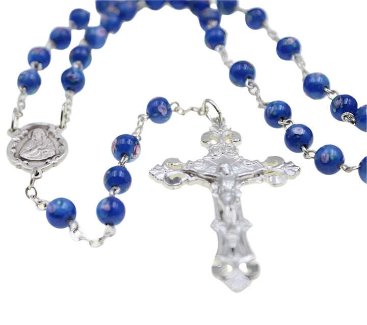 Rose Inlay Blue Glass Bead Rosary