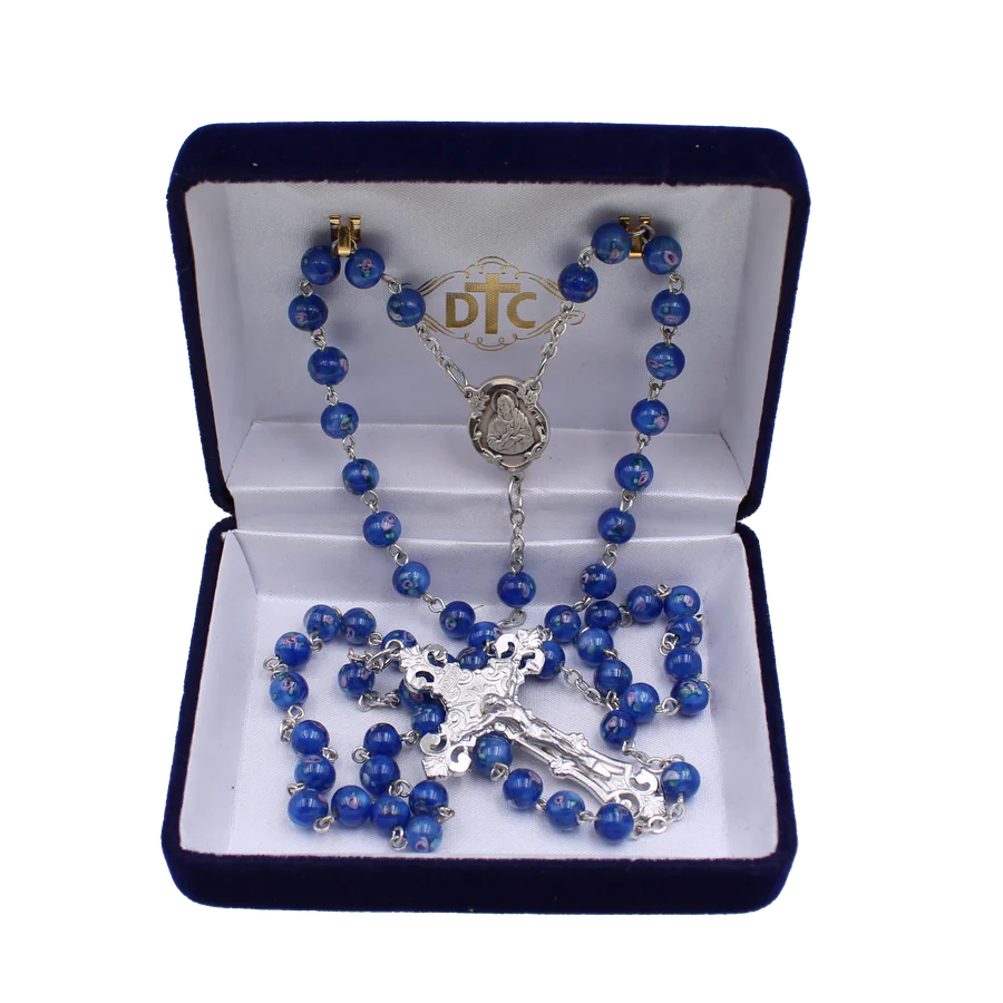 Rose Inlay Blue Glass Bead Rosary