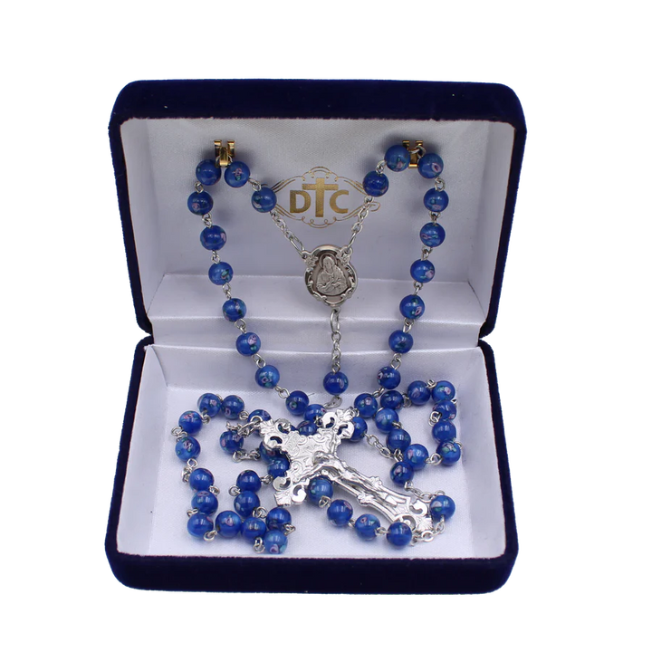 Rose Inlay Blue Glass Bead Rosary