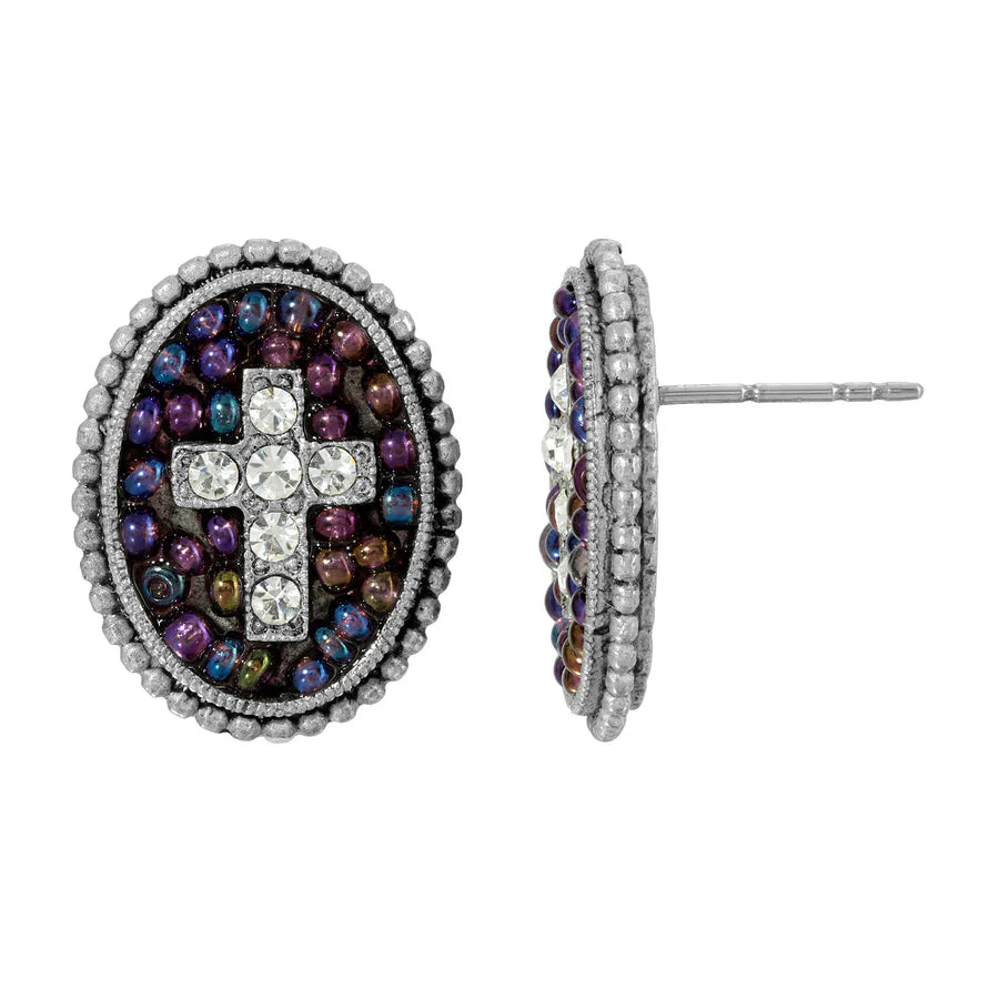 Pewter Seeded Beads & Crystal Cross Oval Button Post Earrings - Purple