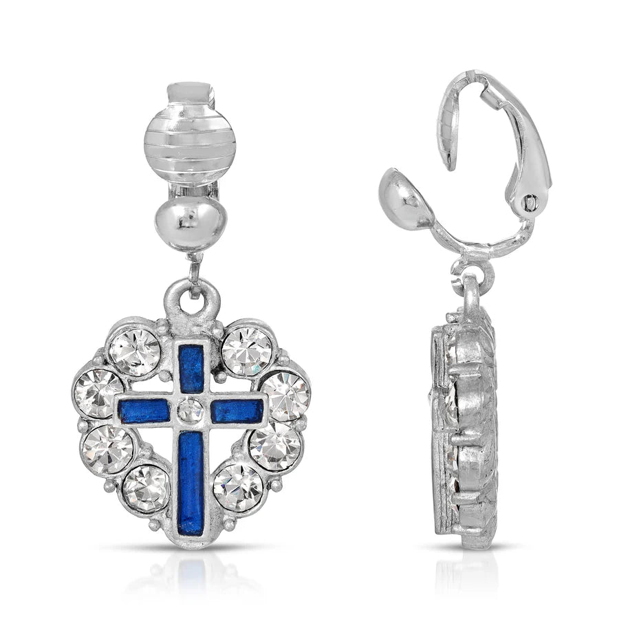 Enamel Cross Crystal Heart Clip On Earrings - Blue