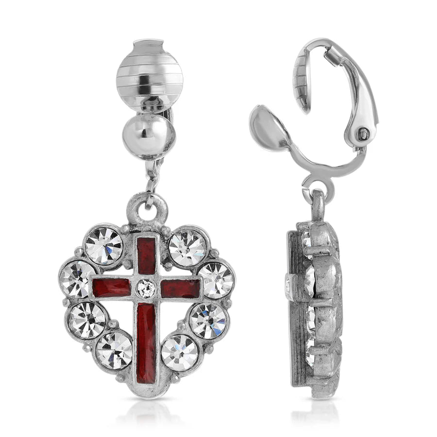 Enamel Cross Crystal Heart Clip On Earrings - Red