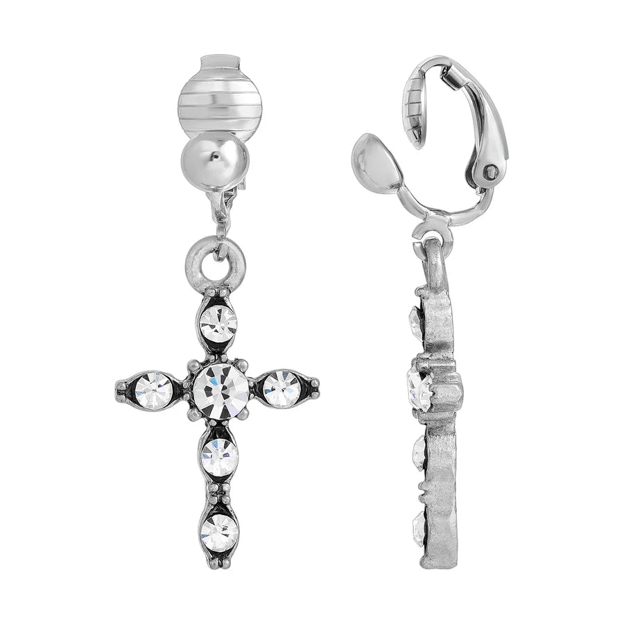 Inspirational Cross Clip On Earrings - Silver Tone