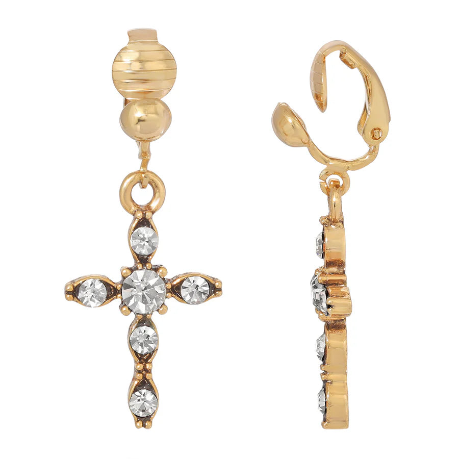 Inspirational Cross Clip On Earrings - Gold Tone