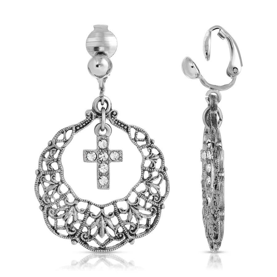 Hoop Crystal Cross Drop Clip On Earrings - Silver Tone