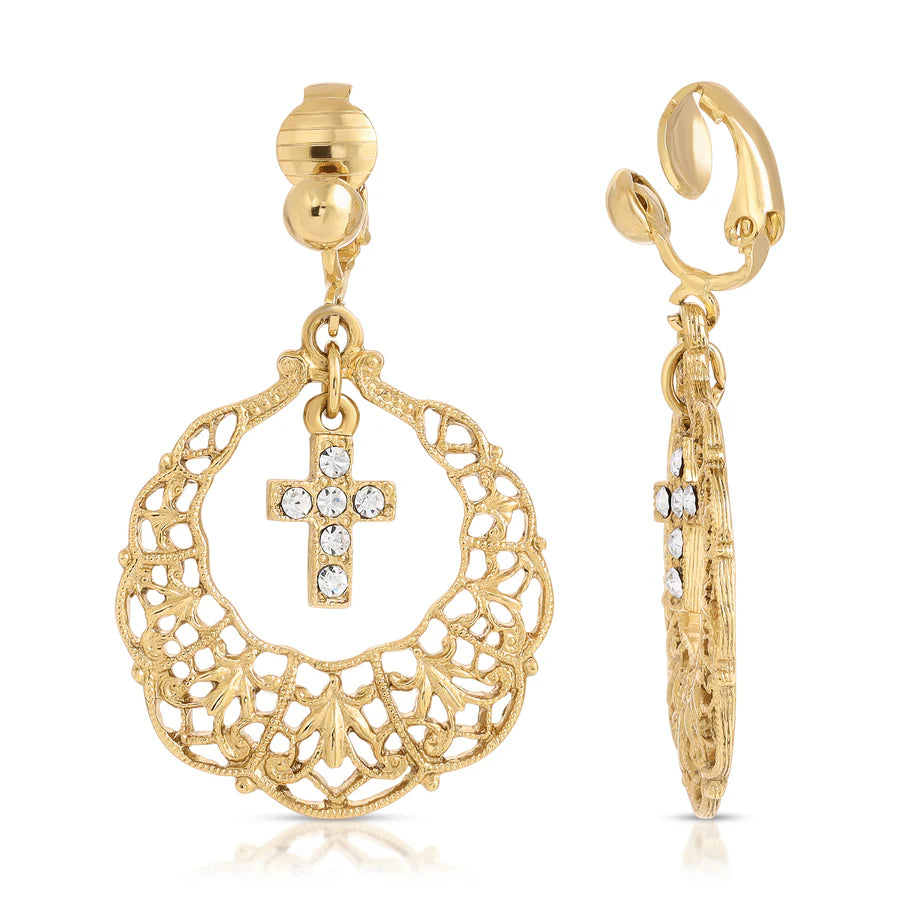 Hoop Crystal Cross Drop Clip On Earrings - Gold Tone