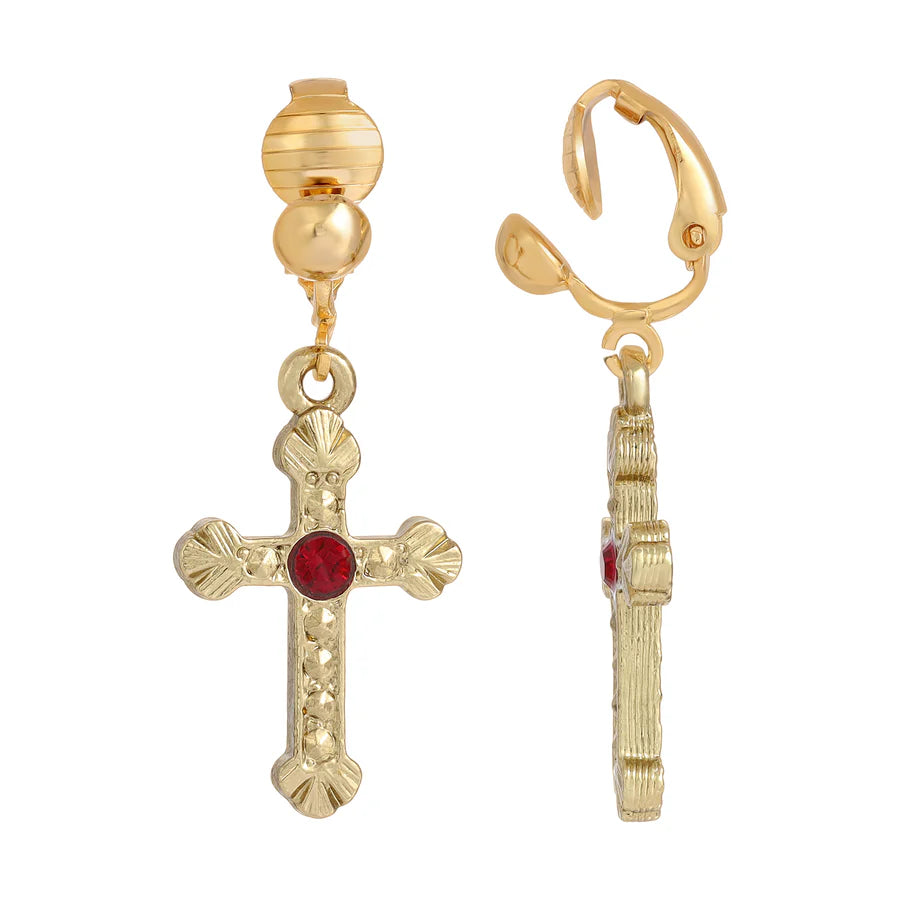 Gold Tone and Red Crystal Cross Clip On Earrings