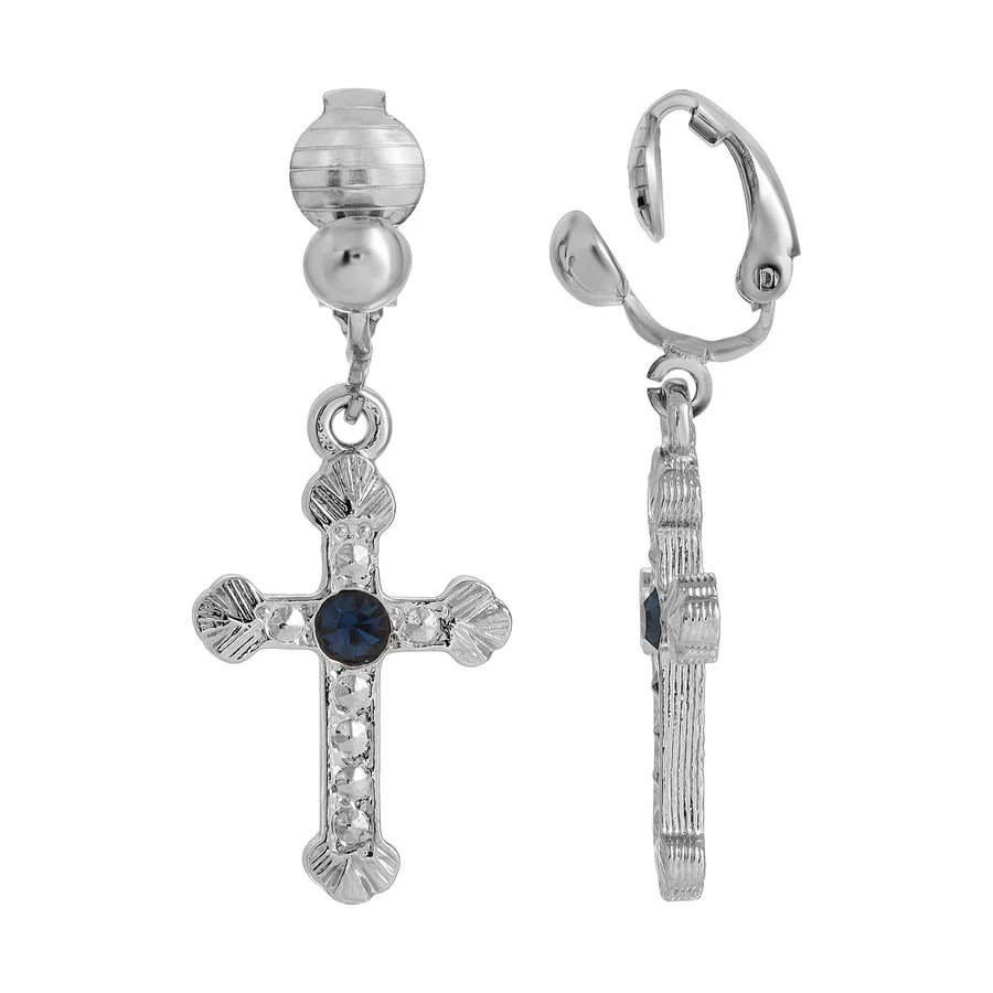 Silver Tone and Blue Crystal Cross Clip On Earrings