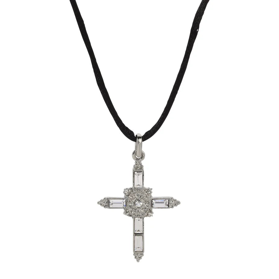 Baguette Crystal Cross Pendant Black Satin Cord Necklace