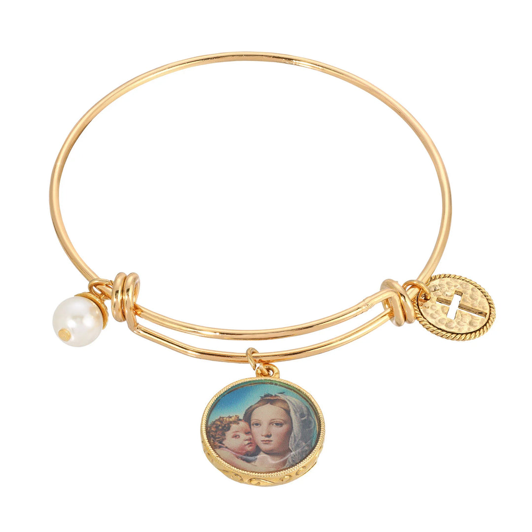 Faux Pearl, Mary and Child Charm Bangle Bracelet