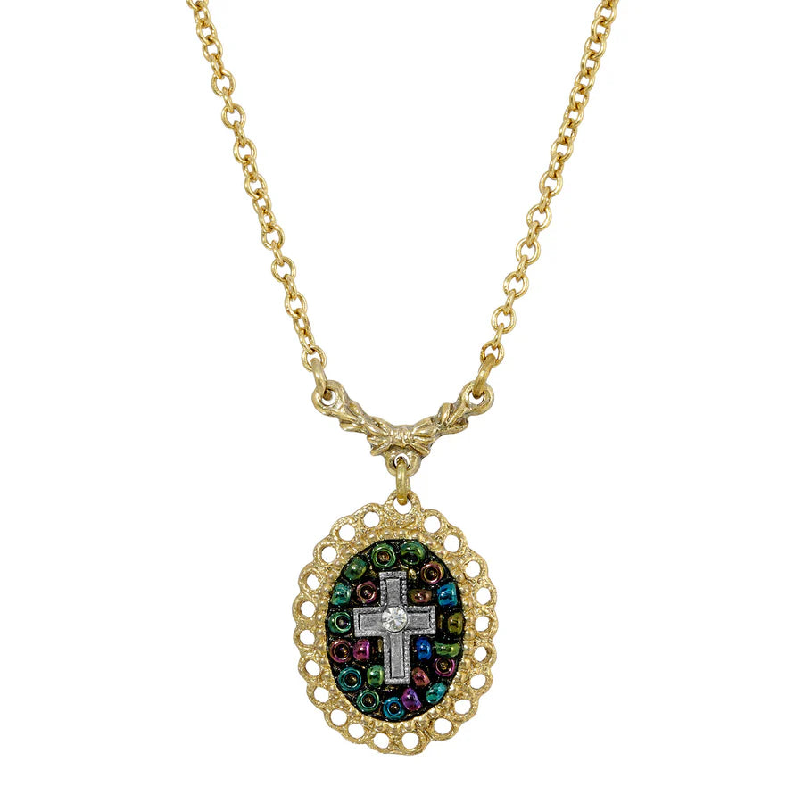 Multi Color Seeded Beads & Crystal Cross Pendant Necklace