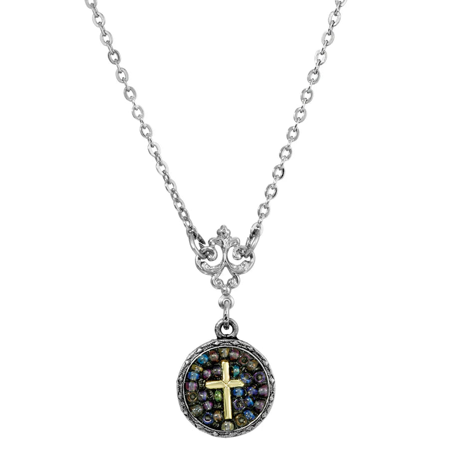 Purple Seeded Beads Cross Round Pendant Necklace