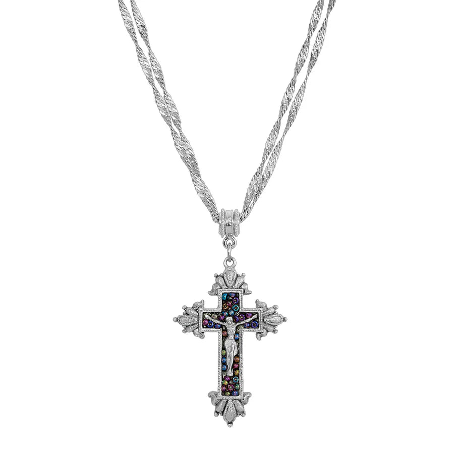 Glass Purple Seeded Bead Cross Pendant Necklace