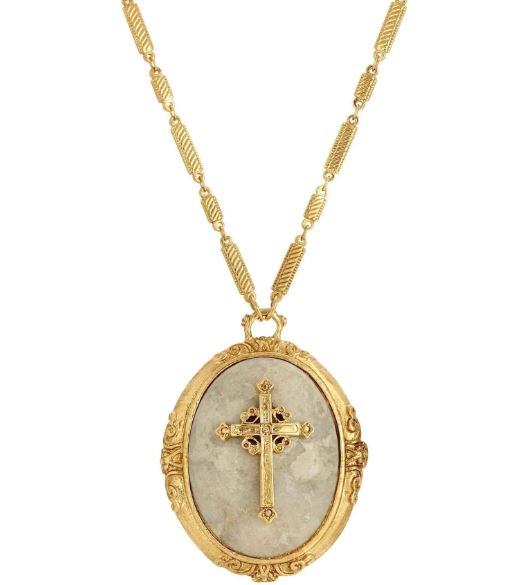 Oval Riverstone Gemstone Cross Pendant Necklace 30"