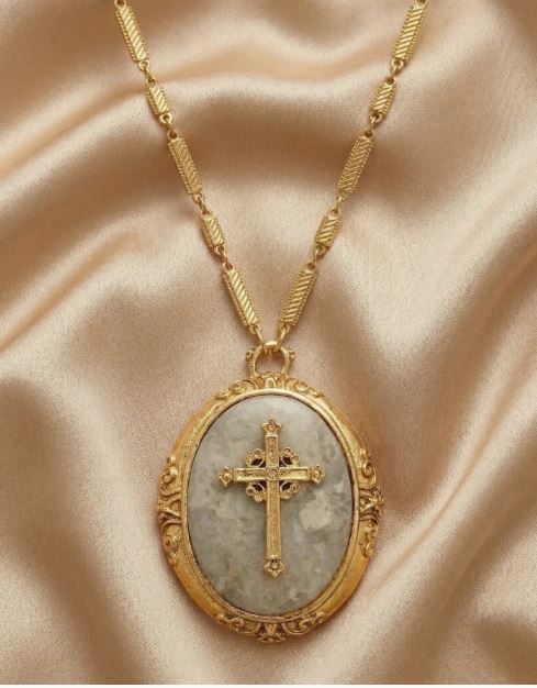 Oval Riverstone Gemstone Cross Pendant Necklace 30"