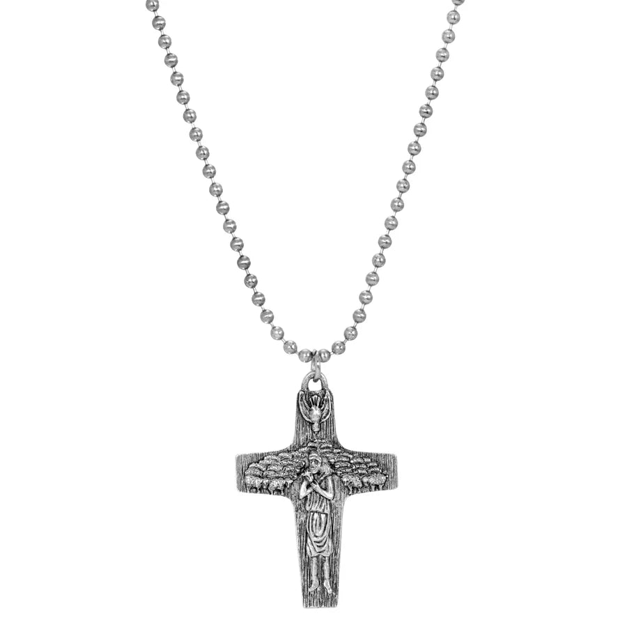 Shepherd with Flock of Sheep Pewter Cross Pendant Necklace