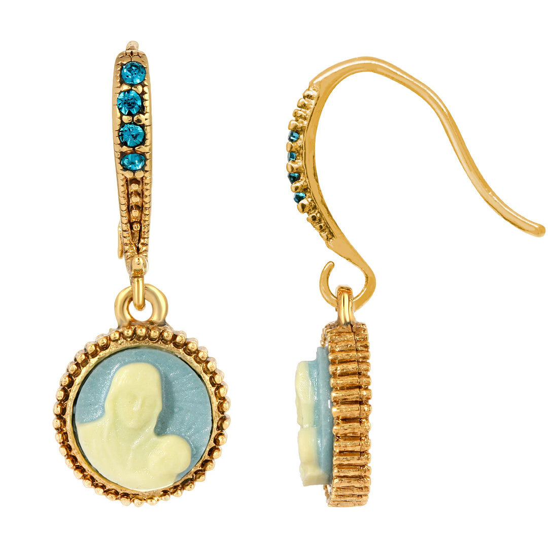 Mother and Child Cameo Aqua Crystal Drop Earrings