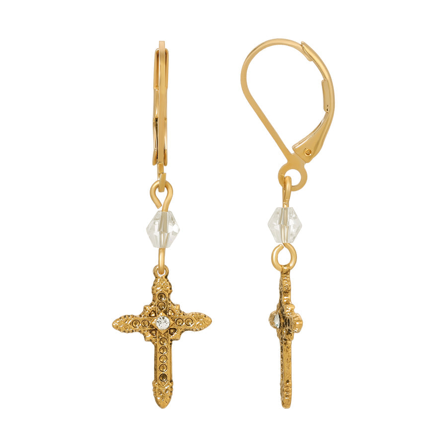 Ornate Cross with Crystal & Lantern Bead Dangling Earrings