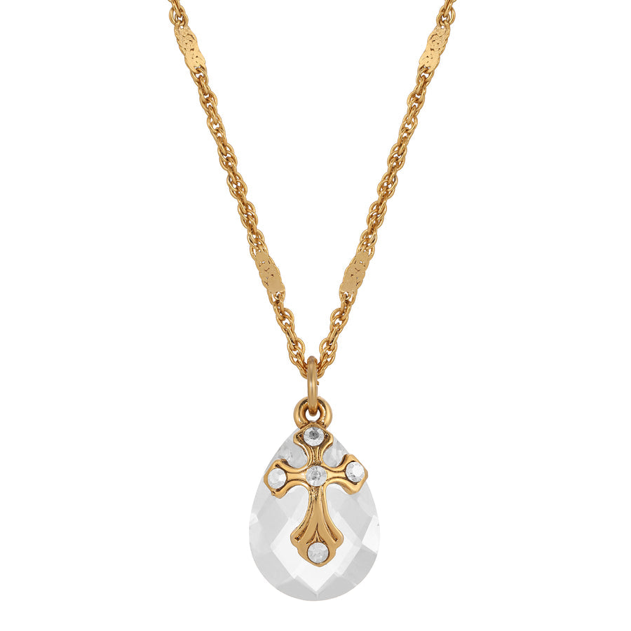 Briolette Crystal and Cross Pendant Necklace - Gold Tone and Crystal Clear