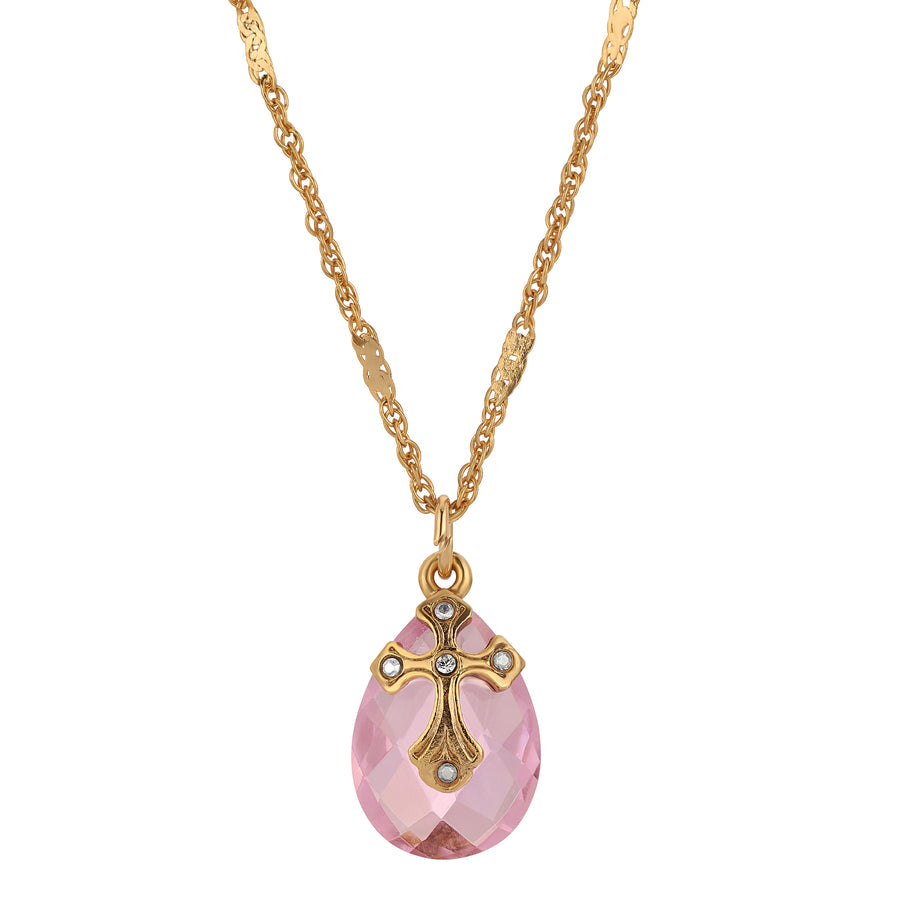 Briolette Crystal and Cross Pendant Necklace - Gold Tone and Pink