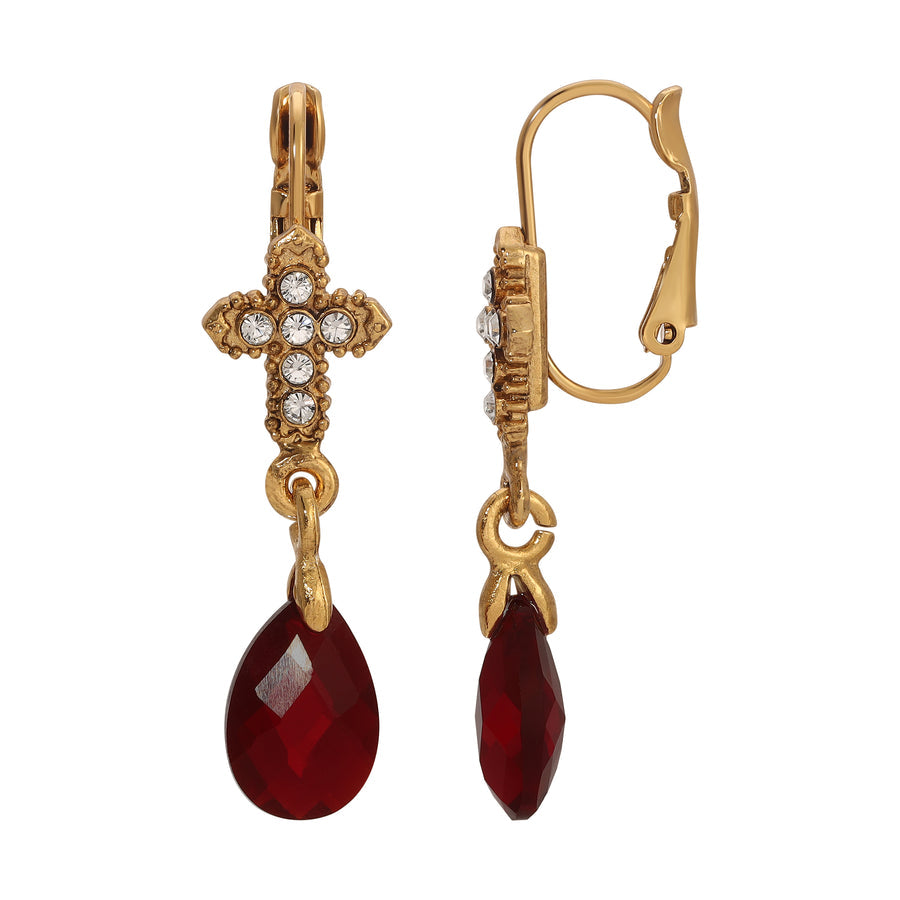 Crystal Cross Briolette Stone Elegance Drop Earrings - Red