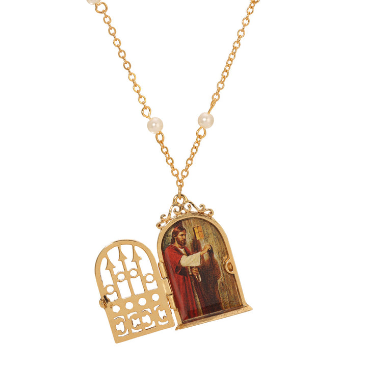 Jesus at the Door Locket Faux Pearl Necklace