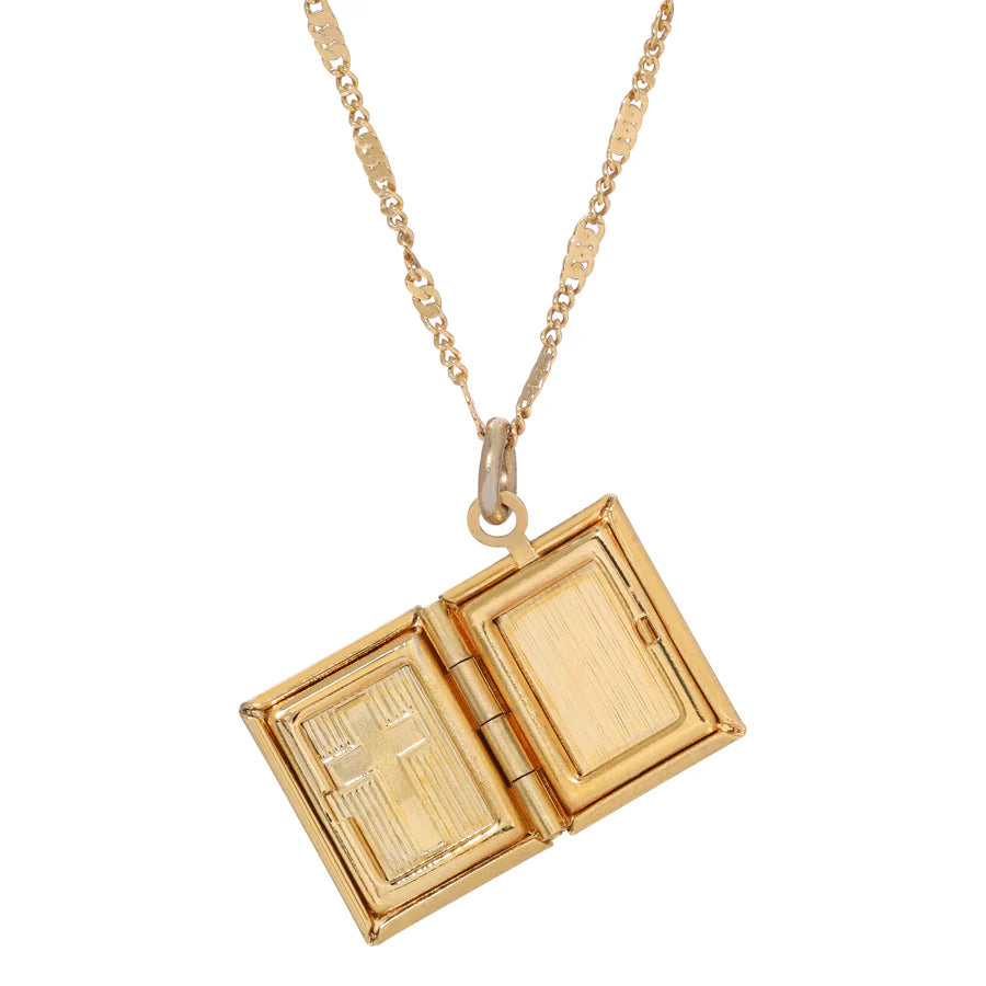 Double Photo Locket Bible with Cross Pendant Necklace - Gold Tone