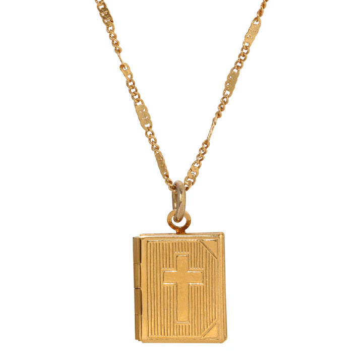 Double Photo Locket Bible with Cross Pendant Necklace - Gold Tone