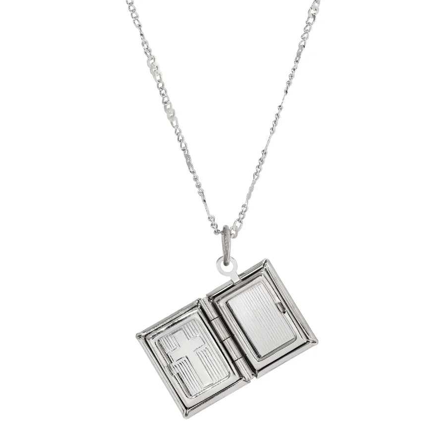 Double Photo Locket Bible with Cross Pendant Necklace - Silver Tone