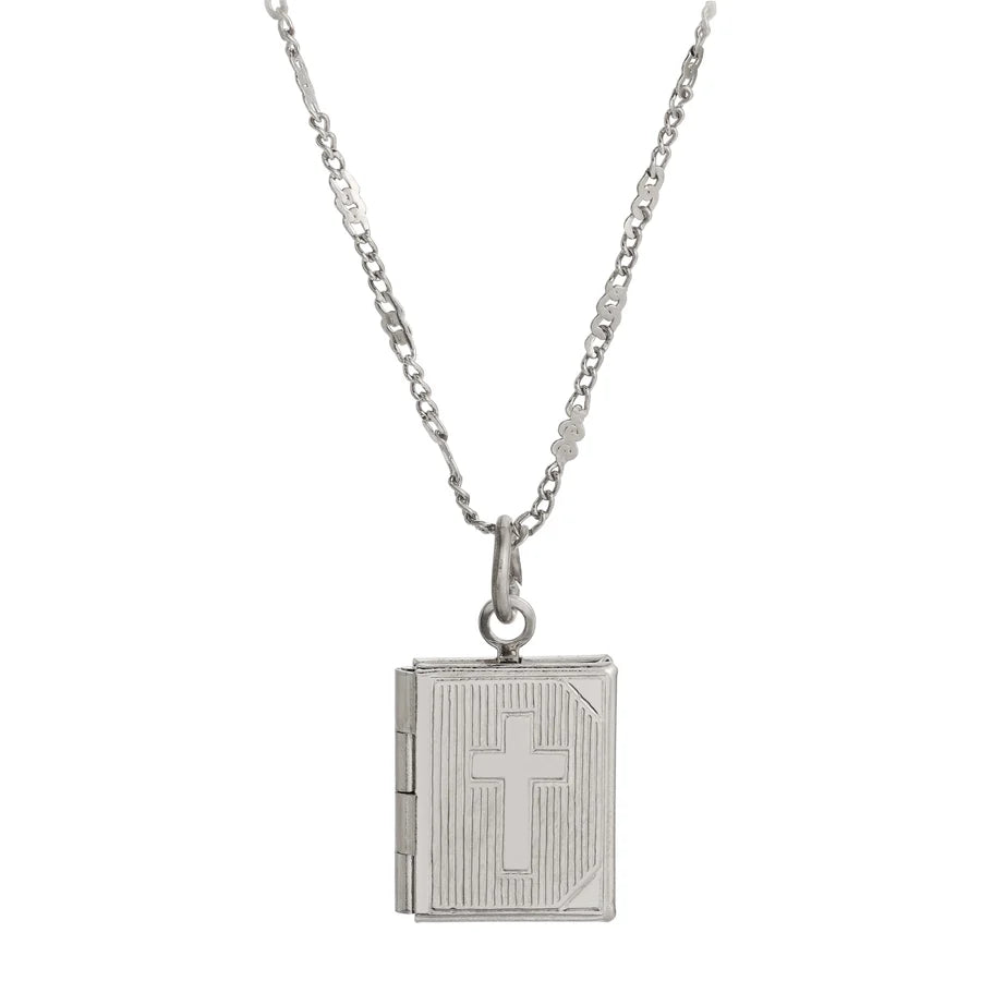 Double Photo Locket Bible with Cross Pendant Necklace - Silver Tone