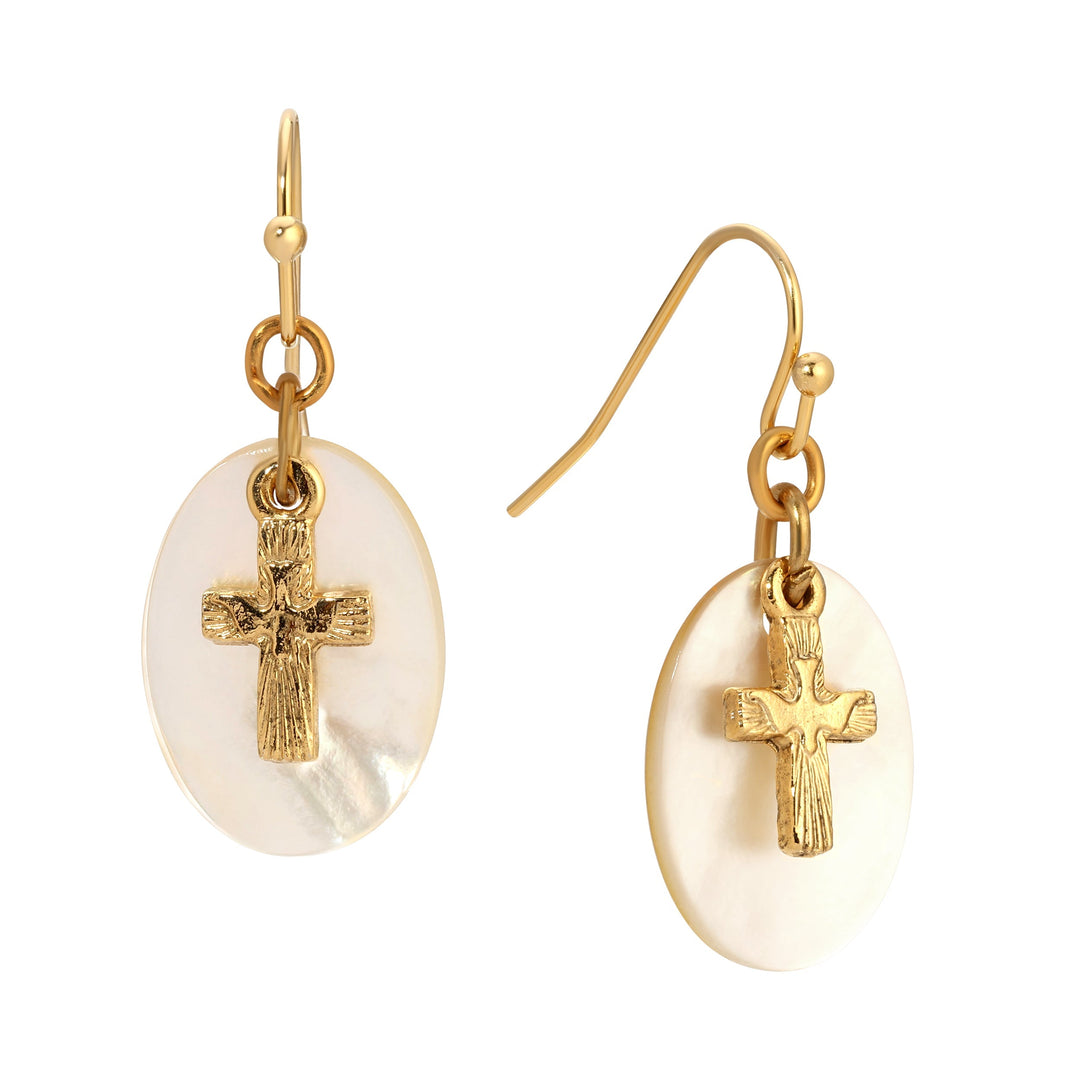 Symbols Of Faith Mother Of Pearl Gold Dove Cross Drop Earrings