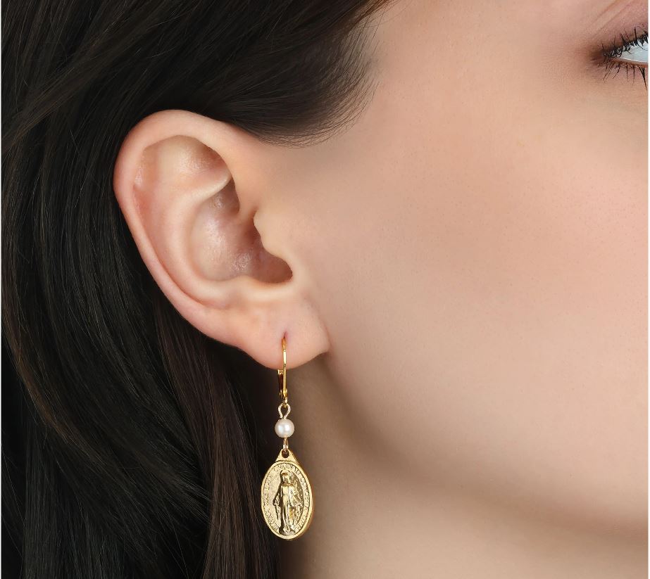 Miraculous Medal & Beads Dangle Earrings
