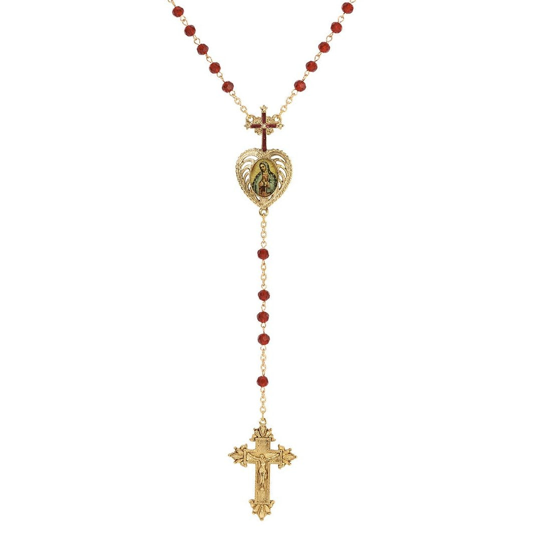 Symbols Of Faith Siam Red Crystal Our Lady of Guadalupe & Crucifix Rosary Necklace