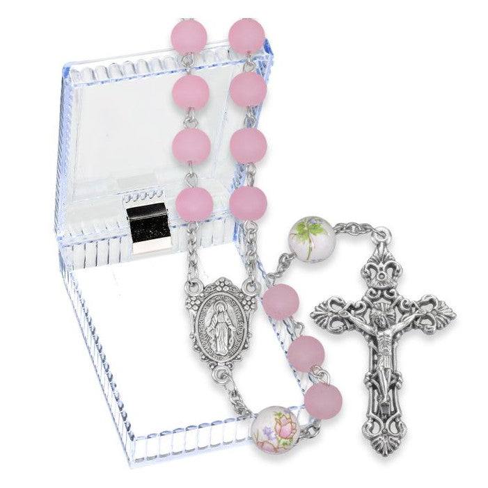 Frosted Pink Glass Beads Rosary with Ceramic Flower Beads