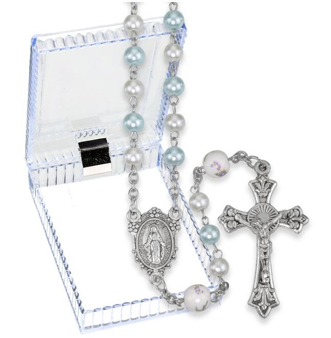 6mm Glass Blue Pearl Rosary with Ceramic Flowers