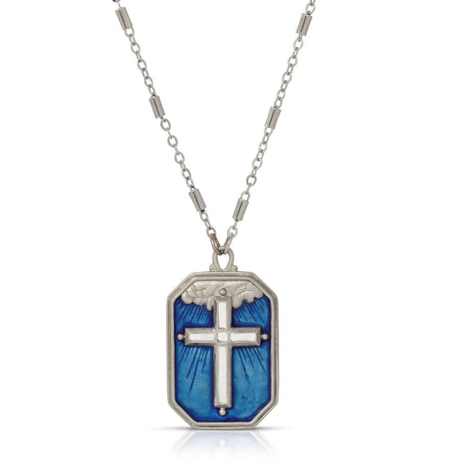 Radiant Cross In The Blue Sky Enamel Pendant Necklace