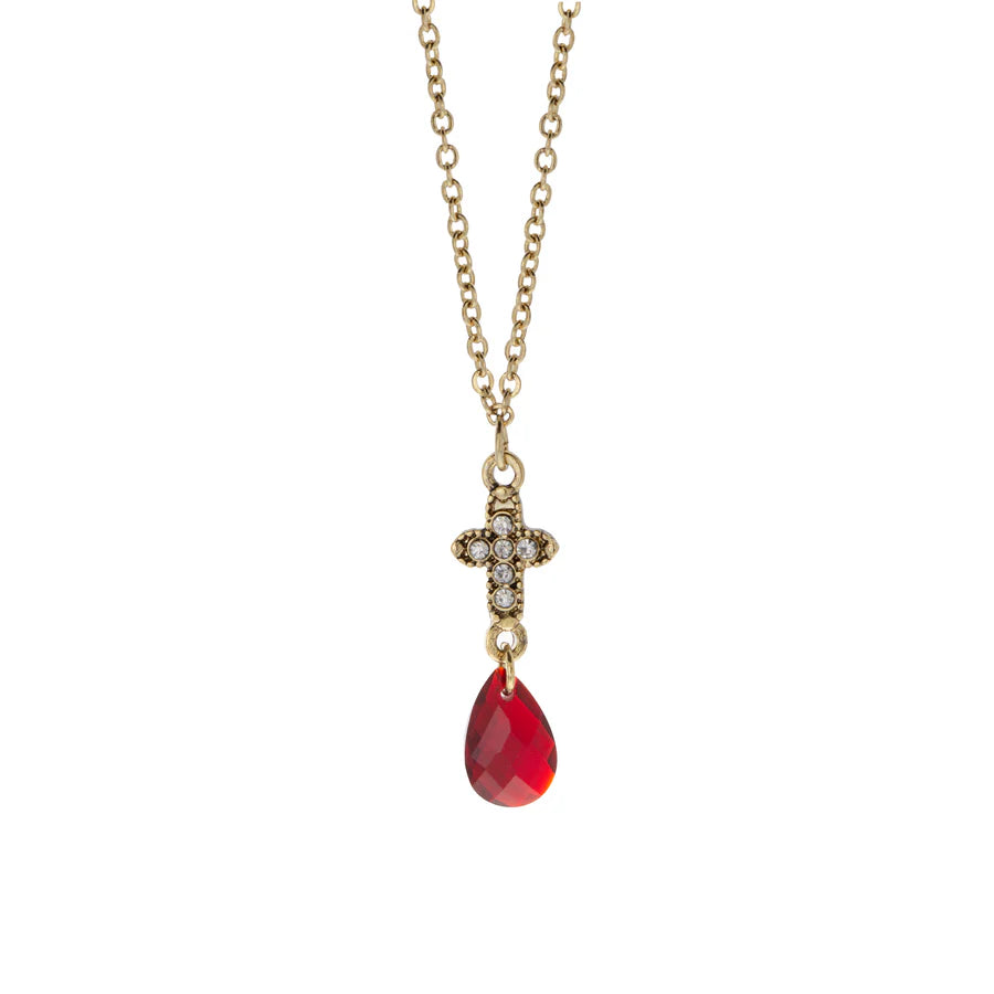 Crystal Cross Briolette Stone Elegance Pendant Necklace - Red