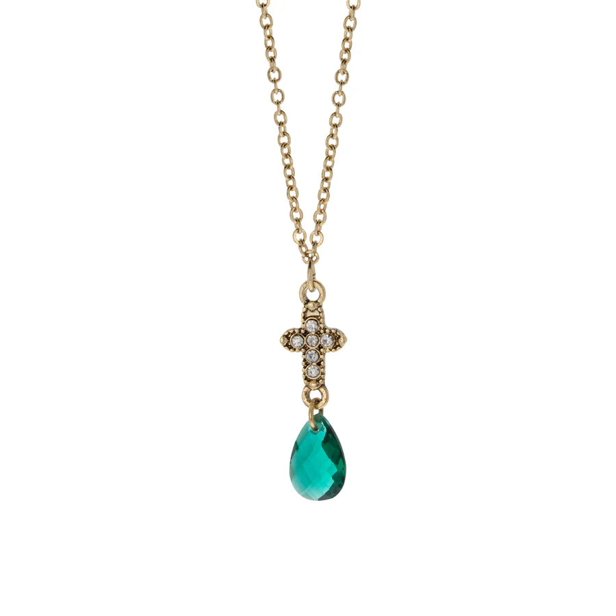 Crystal Cross Briolette Stone Elegance Pendant Necklace - Green