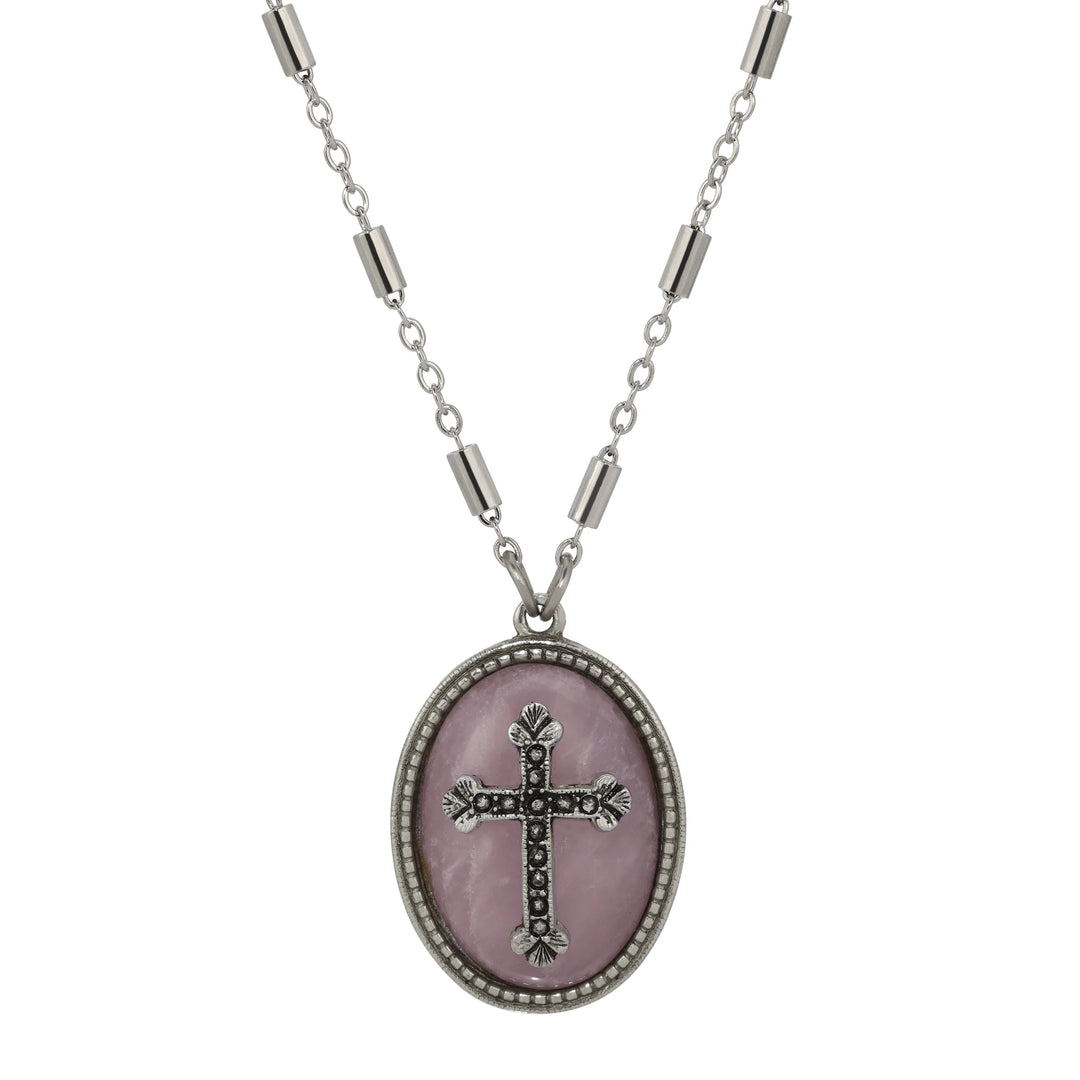 Oval Rose Quartz & Cross Pendant Necklace