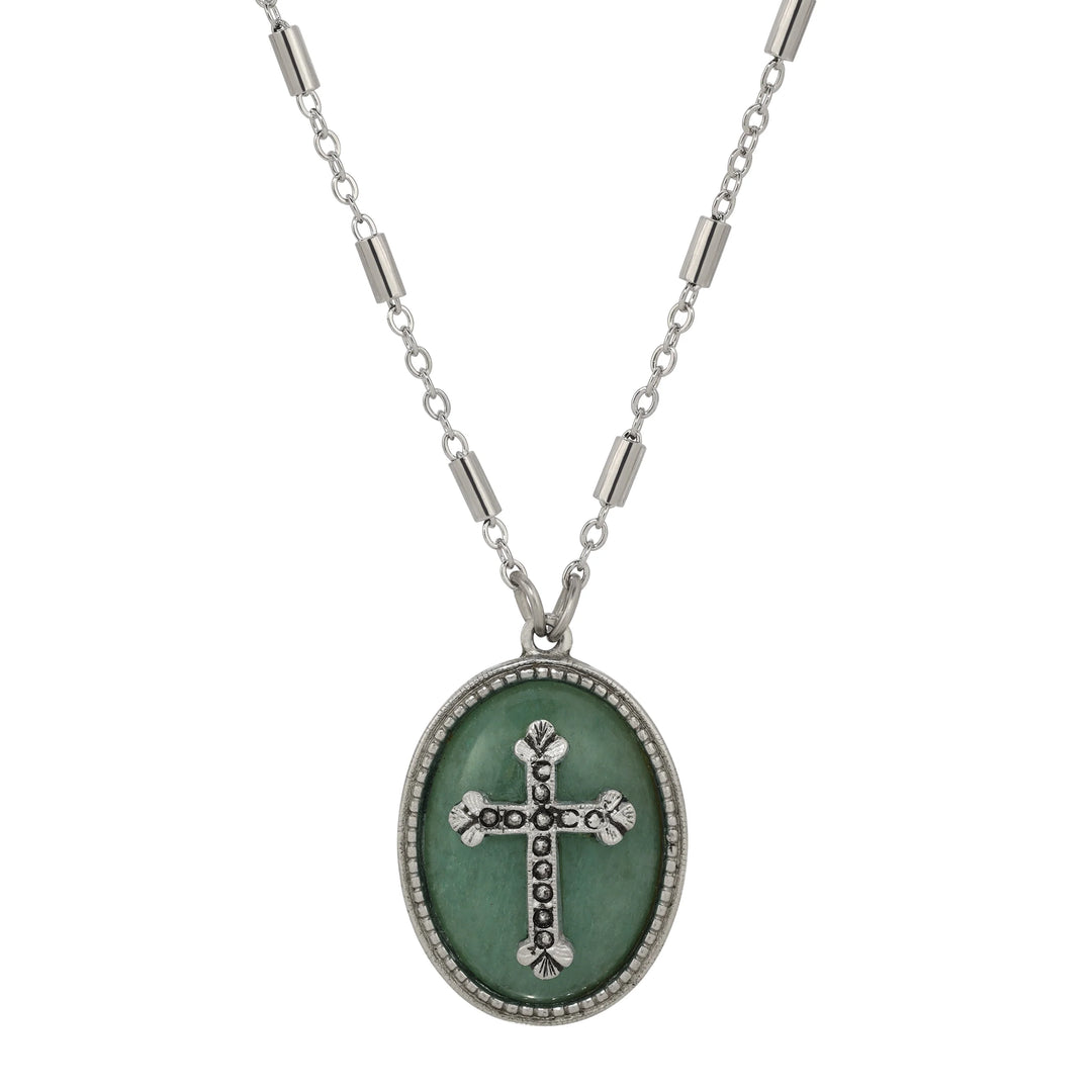 Oval Aventurine Gemstone & Cross Pendant Necklace