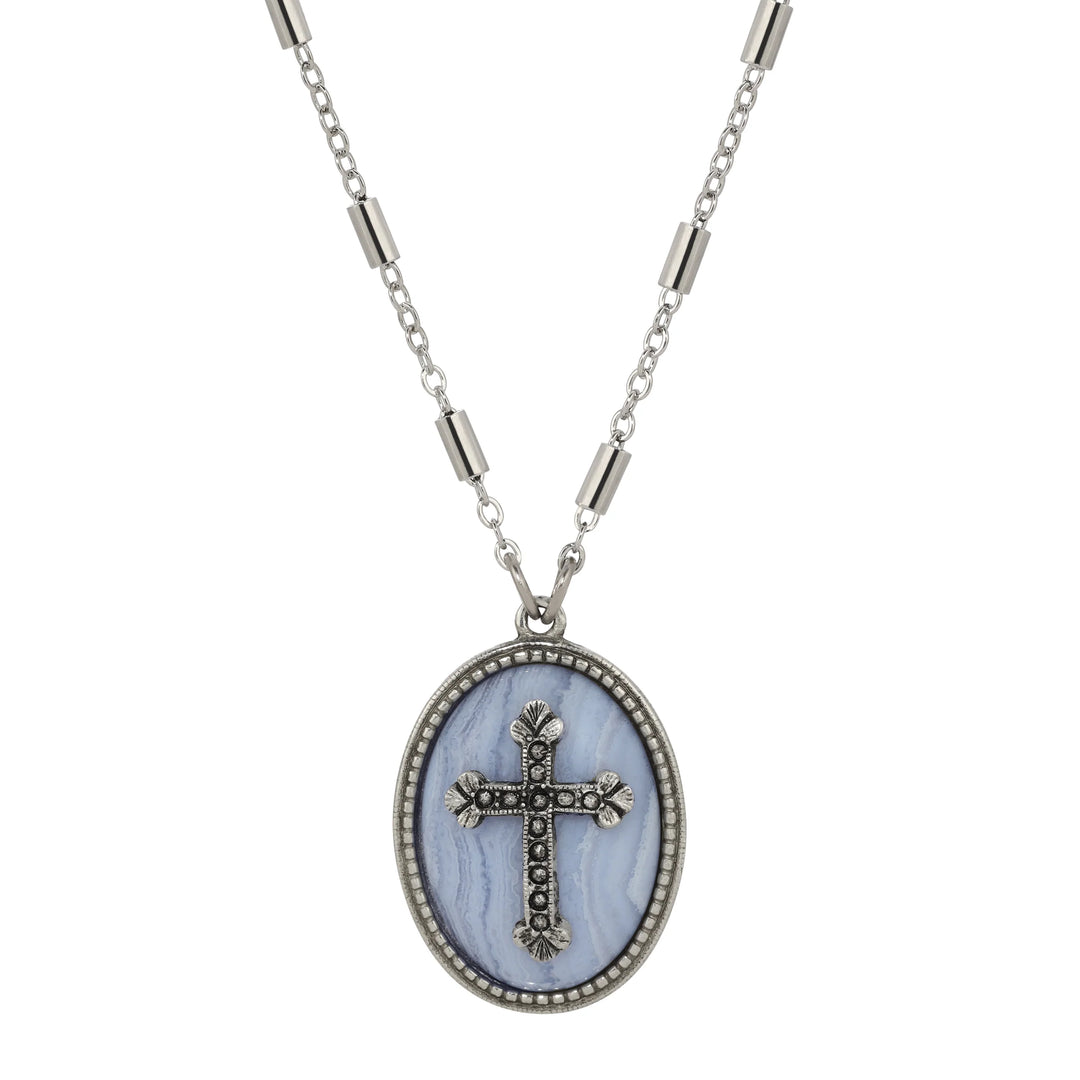 Oval Blue Lace Agate & Cross Pendant Necklace