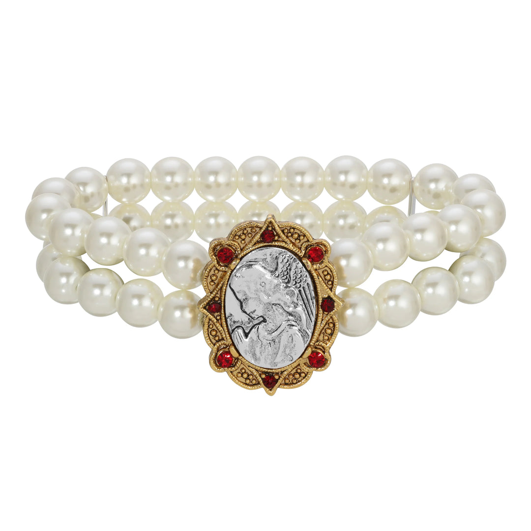 Guardian Angel Red Crystal Two Row Faux Pearl Stretch Bracelet